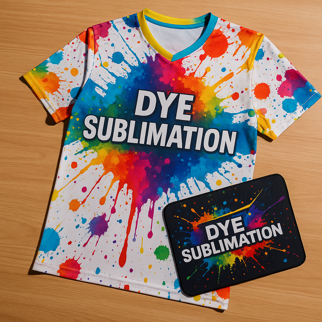Colorful dye sublimation jersey with paint splatter design and 'Dye Sublimation' text, displayed with matching sublimated mousepad on wooden surface